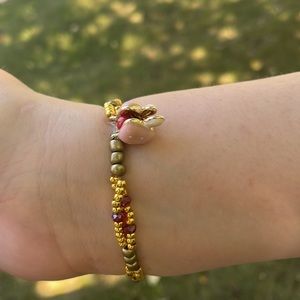 Handmade Artisan Pink Red & Gold Mushroom Charm Bracelet w New & Upcycled Beads